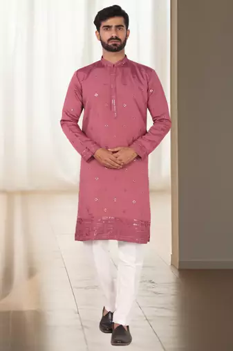 Coral mirror embroidery silk kurta sets for men's