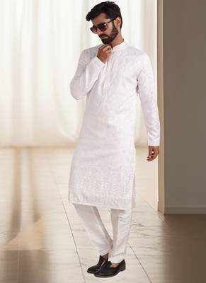 Off white silk kurta churidar for men's 1