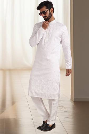 Off white silk kurta churidar for men's