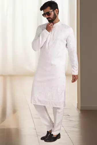 Off white silk kurta churidar for men's