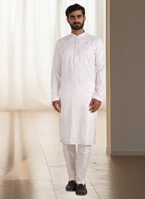 Off white silk kurta churidar for men's 2