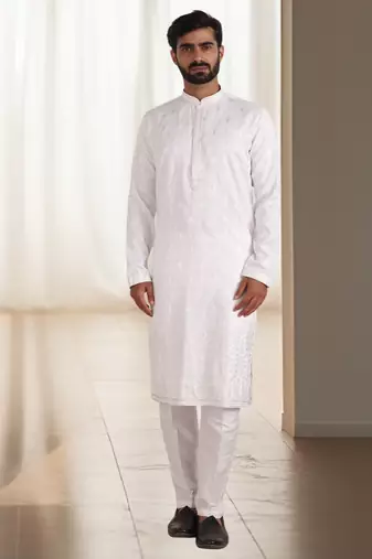 Off white silk kurta churidar for men's