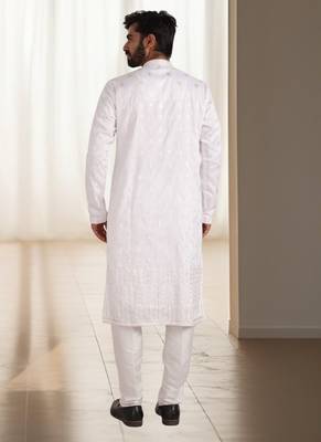 Off white silk kurta churidar for men's 3