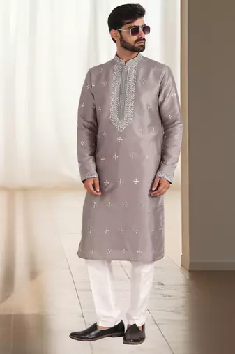 Grey cotton kurta churidar for mens