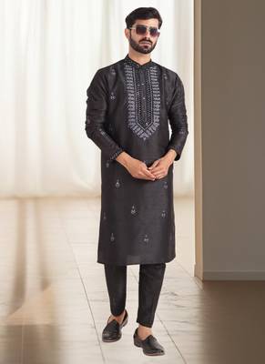 Black silk kurta churidar for men's 2