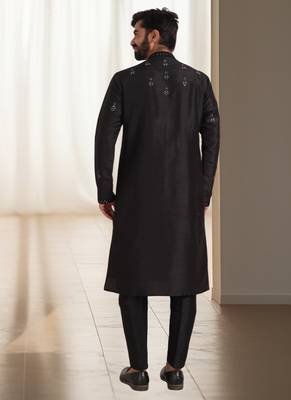 Black silk kurta churidar for men's 3
