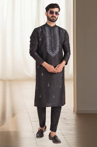 Black silk kurta churidar for men's