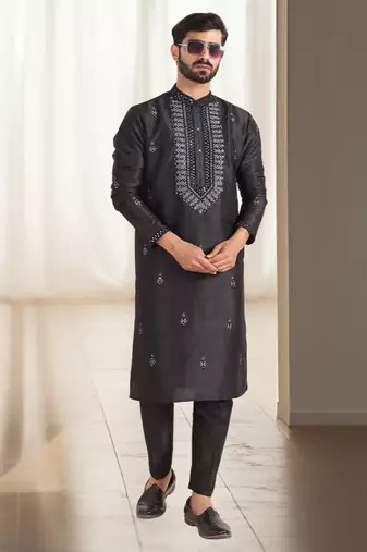 Black silk kurta churidar for men's
