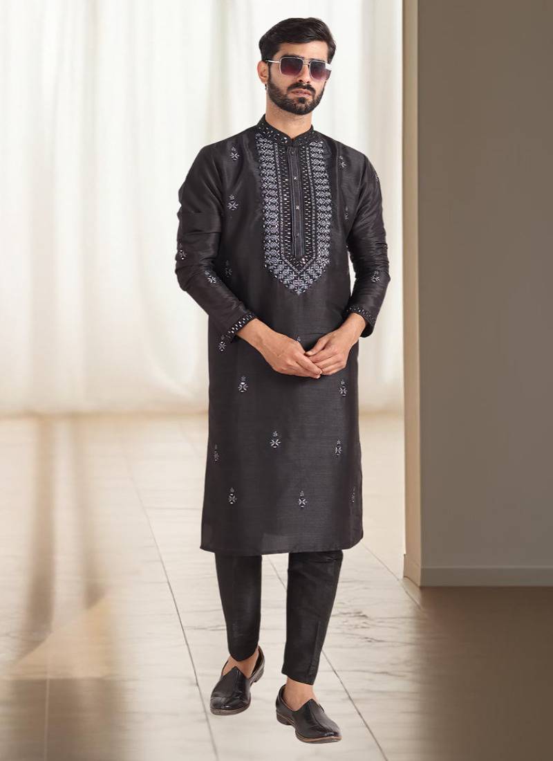 Black silk kurta churidar for men's