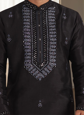 Black silk kurta churidar for men's 4