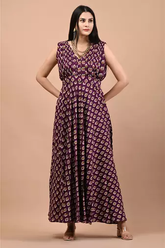 Purple block printed dress