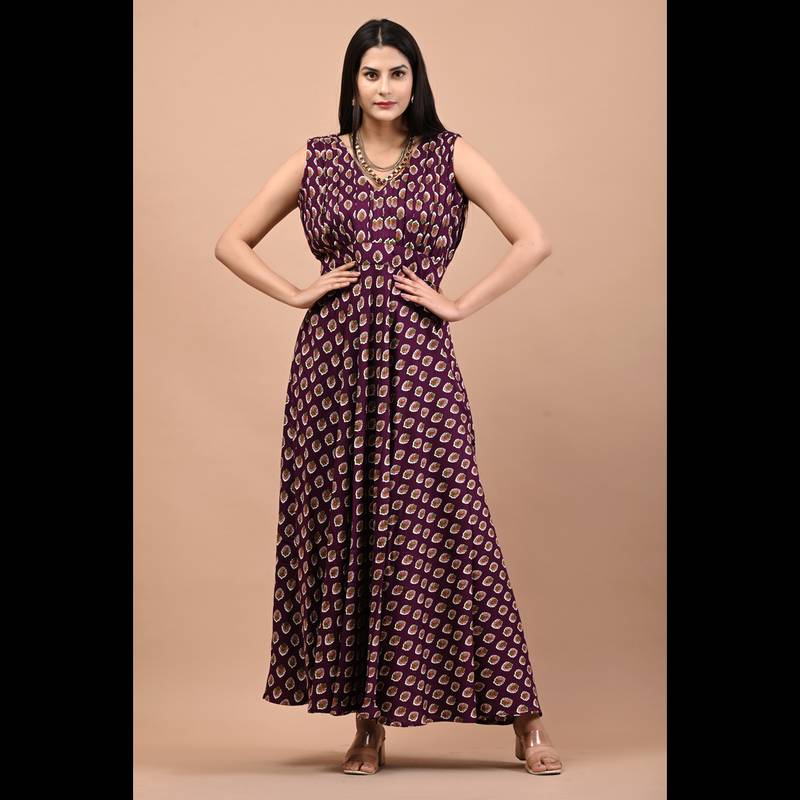 Purple block printed dress