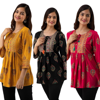 Pack of 3 handmade block printed rayon fabric designer tops & tunics 1