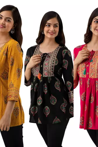 Pack of 3 handmade block printed rayon fabric designer tops & tunics