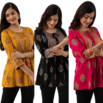Pack of 3 handmade block printed rayon fabric designer tops & tunics 2