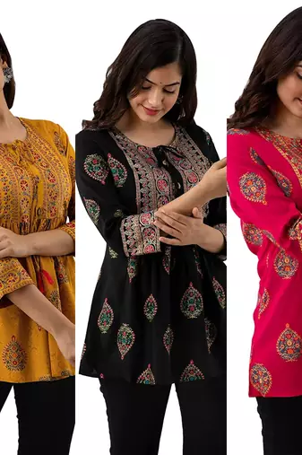 Pack of 3 handmade block printed rayon fabric designer tops & tunics