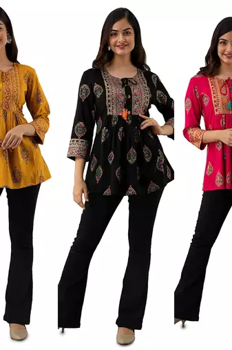 Pack of 3 handmade block printed rayon fabric designer tops & tunics