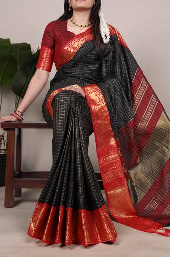 black Poly Cotton Chex Saree with Zari Weaving