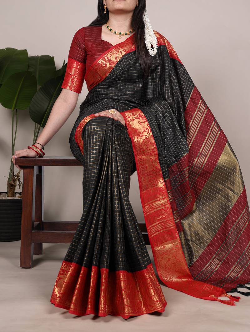 black Poly Cotton Chex Saree with Zari Weaving