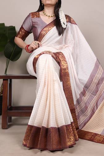 white Poly Cotton Chex Saree with Zari Weaving