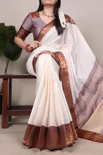 white Poly Cotton Chex Saree with Zari Weaving