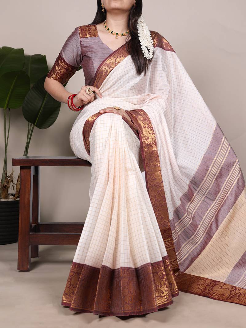 white Poly Cotton Chex Saree with Zari Weaving