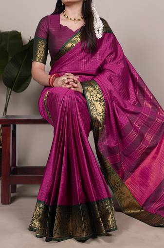 pink Poly Cotton Chex Saree with Zari Weaving