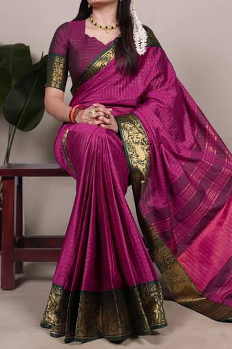 pink Poly Cotton Chex Saree with Zari Weaving