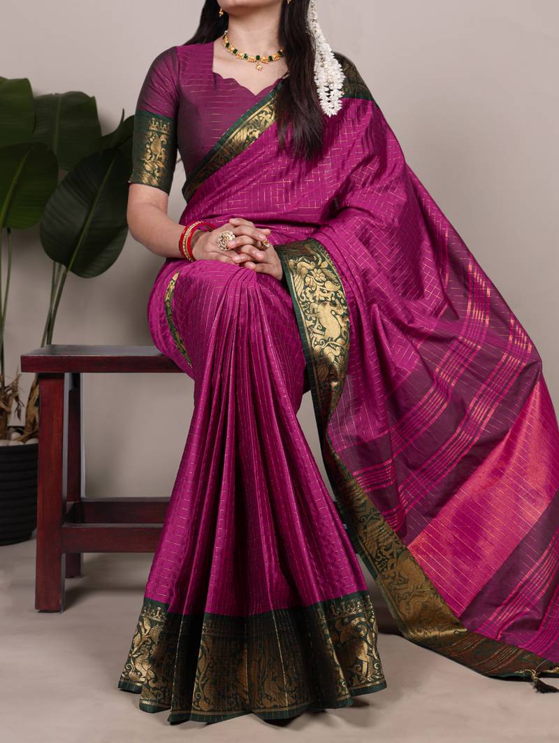 pink Poly Cotton Chex Saree with Zari Weaving