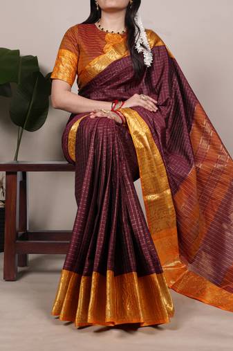 green Poly Cotton Chex Saree with Zari Weaving