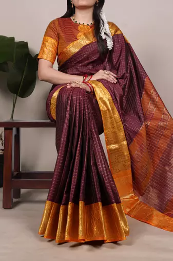 green Poly Cotton Chex Saree with Zari Weaving