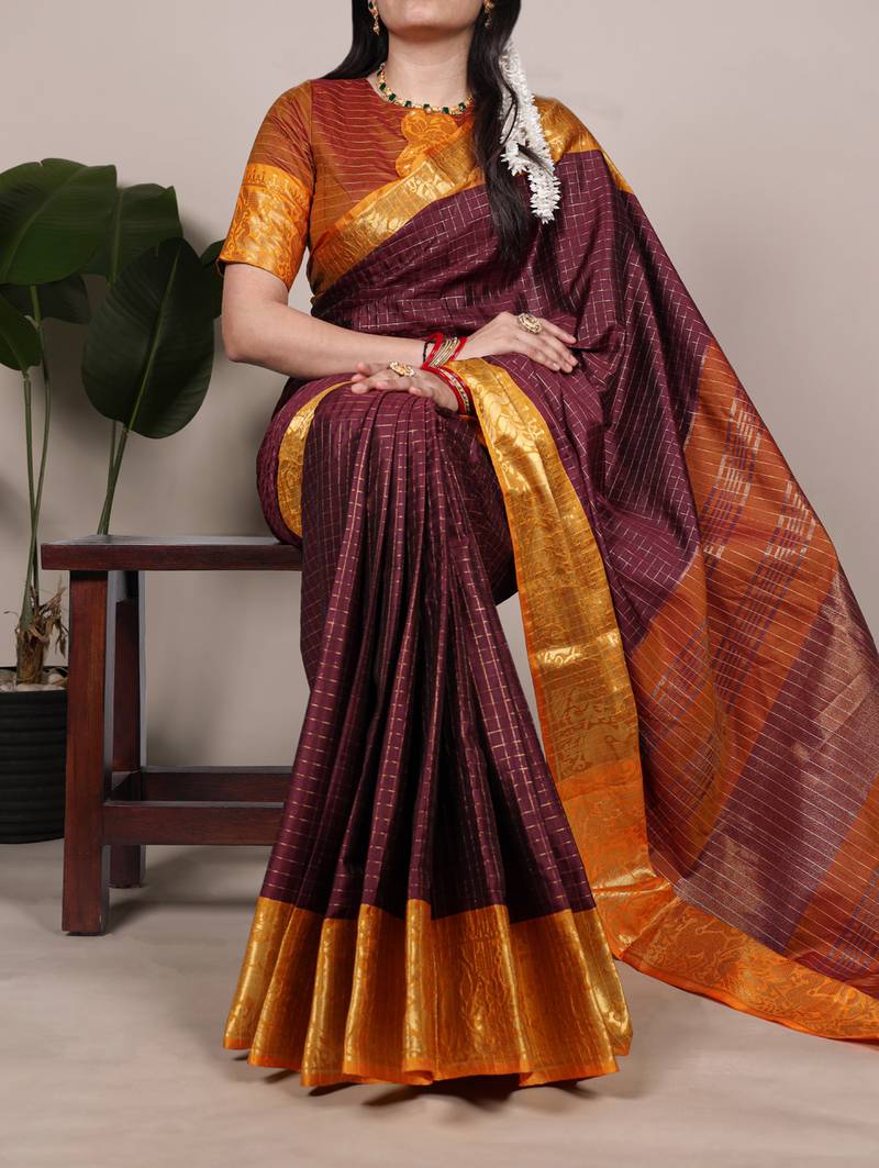 green Poly Cotton Chex Saree with Zari Weaving
