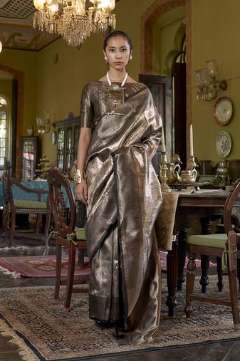 Dark brown kanjivaram silk blend woven classic saree