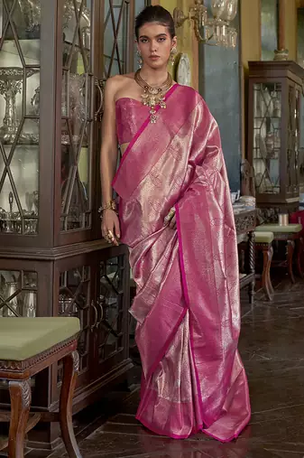 Hot pink kanjivaram silk blend woven classic saree