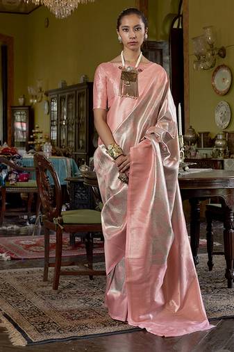 Peach kanjivaram silk blend woven classic saree