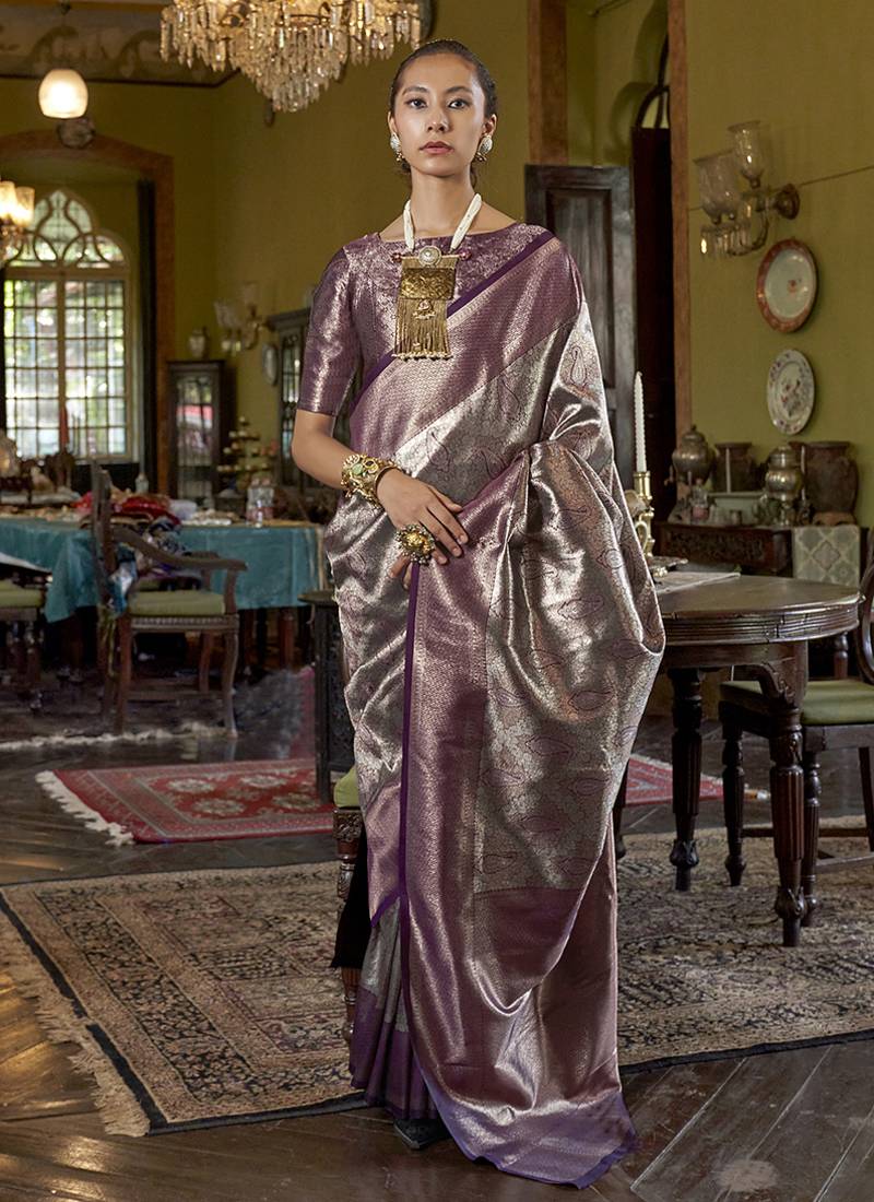 Purple kanjivaram silk blend woven classic saree