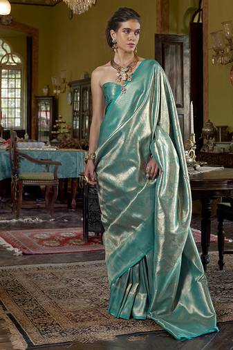 Turquoise kanjivaram silk blend woven classic saree