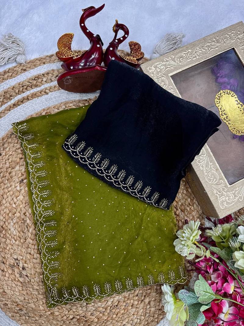 Olive zarkhan Diamond Work Silk blend Saree