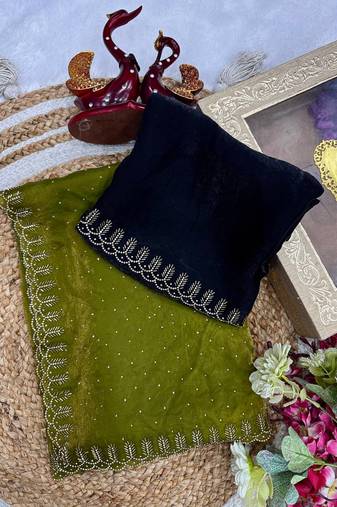 Olive zarkhan Diamond Work Silk blend Saree