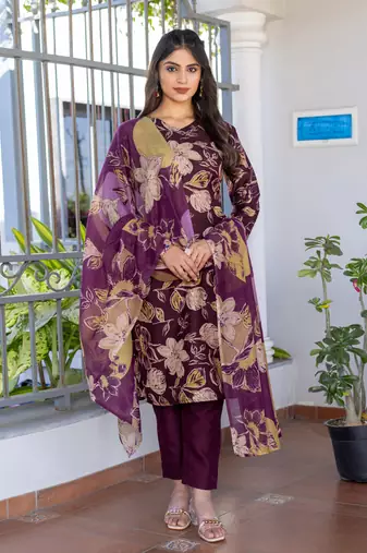  Women's Cotton Blend Floral Straight Printed Kurta Pant With Dupatta | kurta sets for woman
