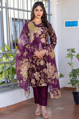  Women's Cotton Blend Floral Straight Printed Kurta Pant With Dupatta | kurta sets for woman