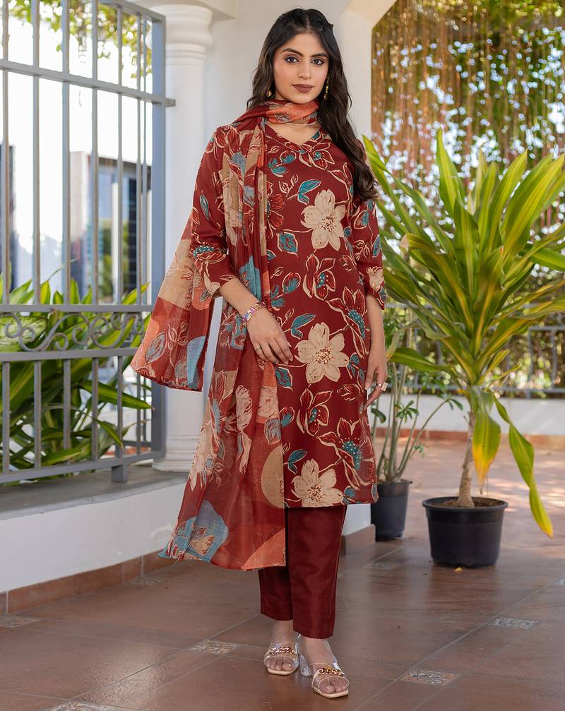  Women's Cotton Blend Floral Straight Printed Kurta Pant With Dupatta | kurta sets for woman