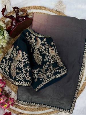 black and shaded peach sequin embroidered silk blend saree 1