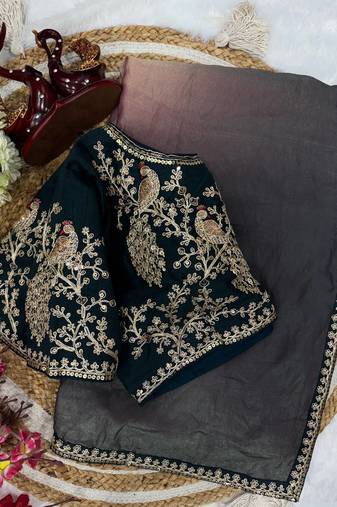 black and shaded peach sequin embroidered silk blend saree
