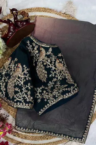 black and shaded peach sequin embroidered silk blend saree