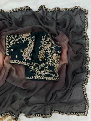 black and shaded peach sequin embroidered silk blend saree 2