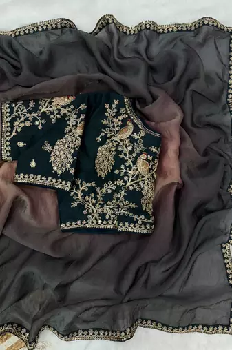black and shaded peach sequin embroidered silk blend saree