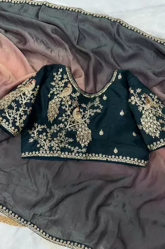 black and shaded peach sequin embroidered silk blend saree