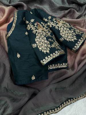 black and shaded peach sequin embroidered silk blend saree 4