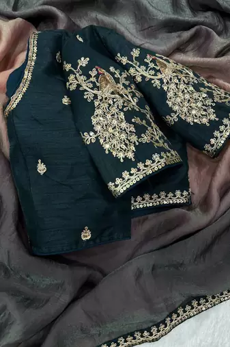 black and shaded peach sequin embroidered silk blend saree